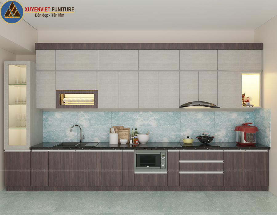 Tủ bếp chữ I phủ vân giả gỗ hiện đại nhà anh Chính – quận 2