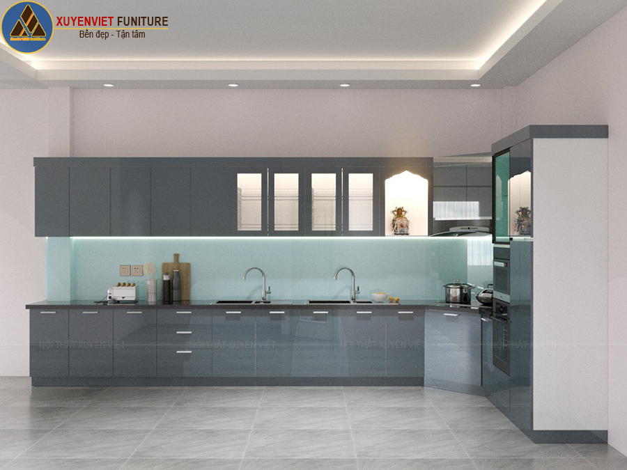Tủ bếp nhựa acrylic tích hợp quầy bar nhà chị Huyền – Quận 6