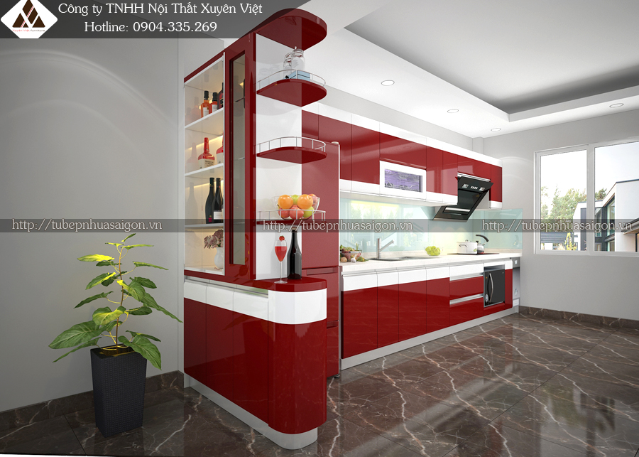 Tủ bếp nhựa có tủ rượu nhà anh Sơn - Chùa Láng, Hà Nội