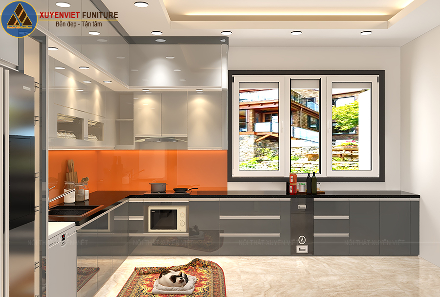 Tủ bếp acrylic bóng gương hiện đại nhà anh Chính