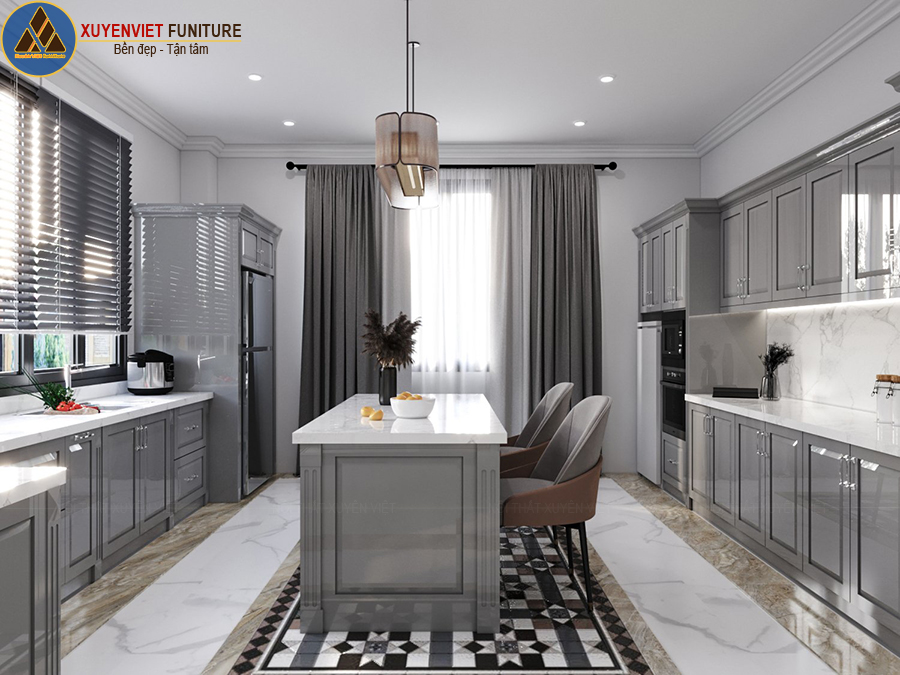 Tủ bếp nhựa tân cổ điển kết hợp bàn đảo nhà chị Linh - Đồng Nai