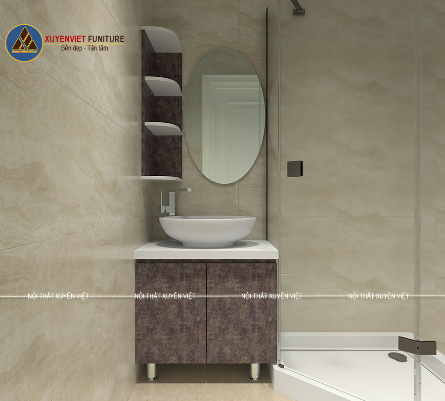 Tủ lavabo đặt ở tầng trệt thiết kế giả đá với kiểu dáng chân đứng nhà chị Vy 