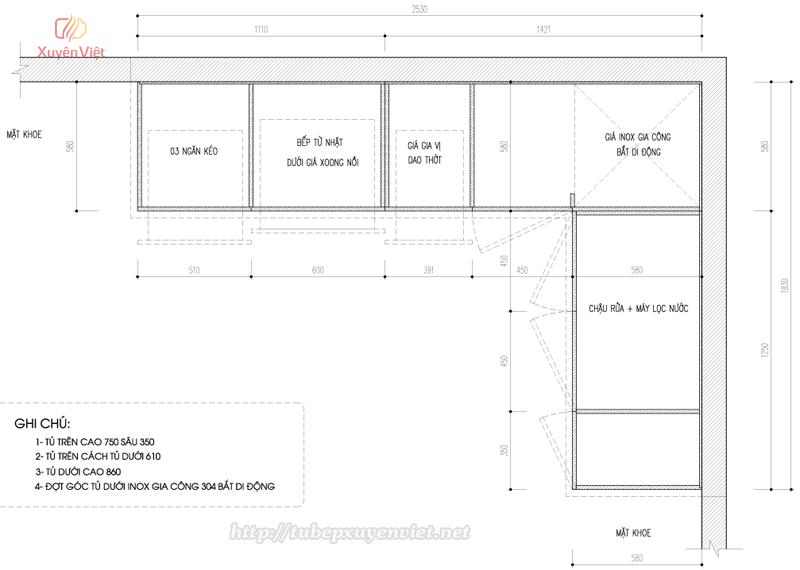 Bản vẽ kỹ thuật bố trí công năng tủ bếp chú Dũng