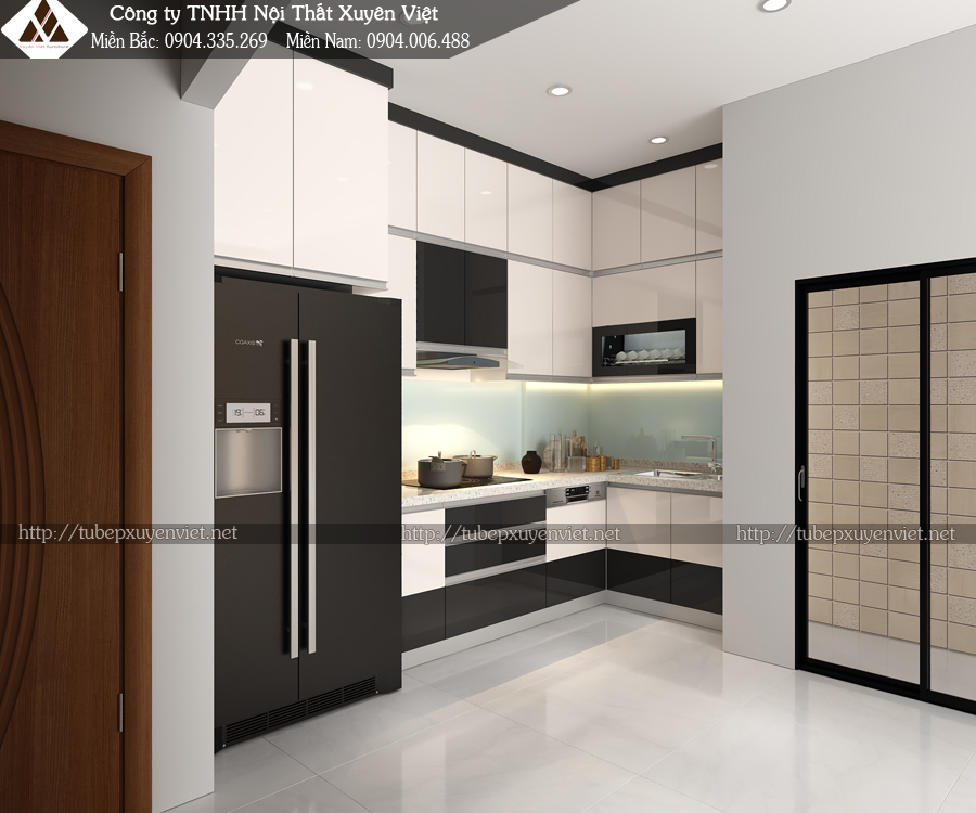 Mẫu tủ bếp chữ L kịch trần nhà anh Minh ở Hà Nội