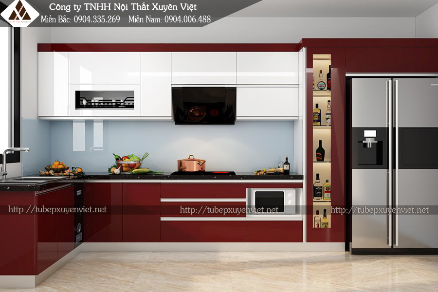 Mẫu tủ bếp chữ L đẹp có cửa sổ nhà anh Tuấn - Quảng Ninh