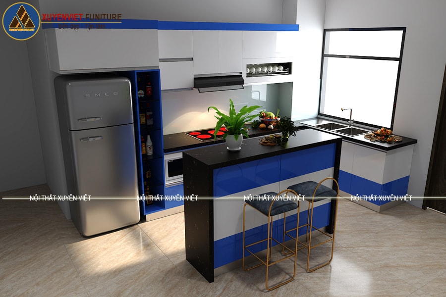 Mẫu tủ bếp có quầy bar nhà anh Việt -KĐT Nam Thăng Long, Hà Nội