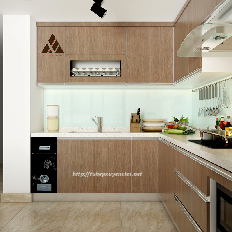 Mẫu tủ bếp nhựa giả gỗ nhà chị Hạnh - Hoàng Hoa Thám, Hà Nội
