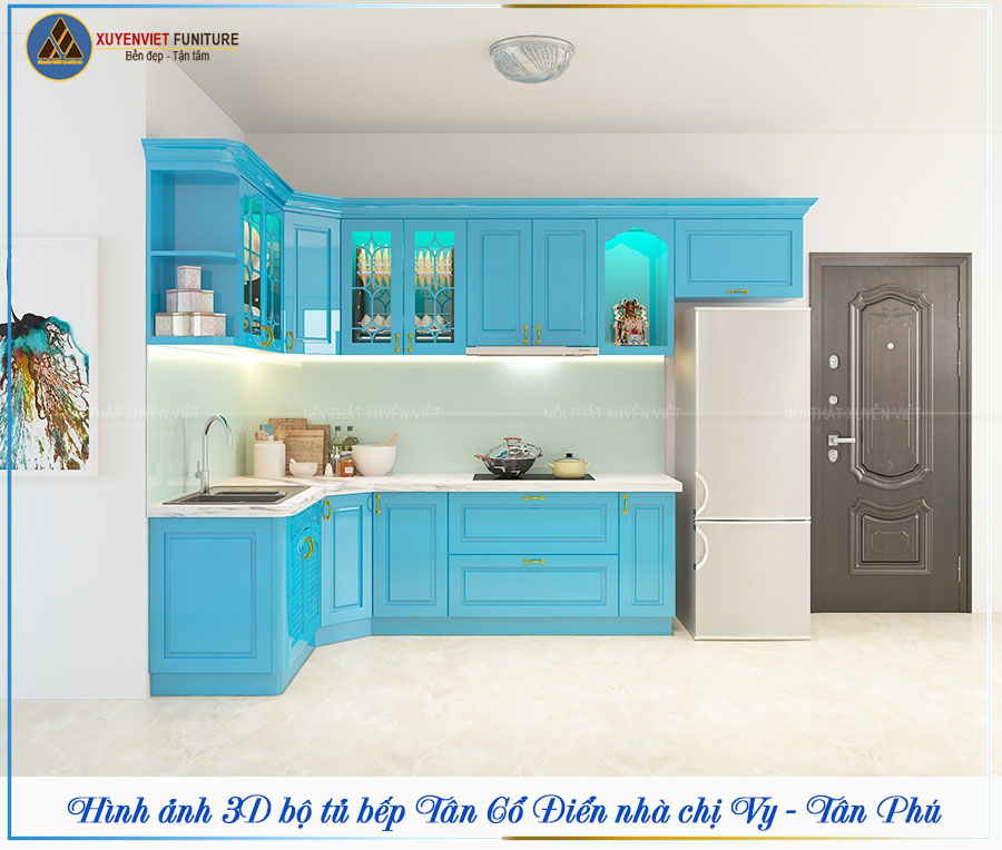 Tủ bếp nhựa tân cổ điển tone xanh tươi tắn