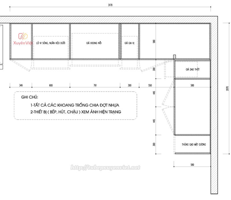 Thiết kế tủ bếp chữ L nhà anh Hải - Vĩnh Yên