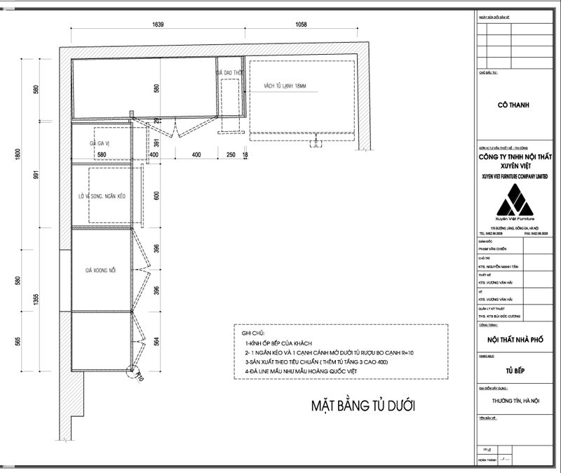 Thiết kế tủ bếp dưới nhà Chị Thanh - Hà nội