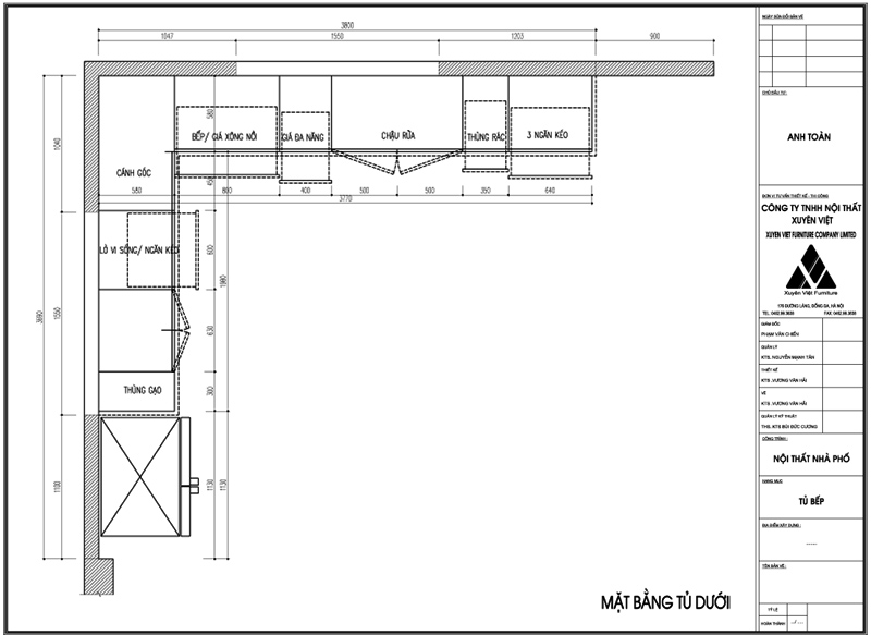 Thiết kế tủ bếp đẹp chữ L nhà Anh Toàn