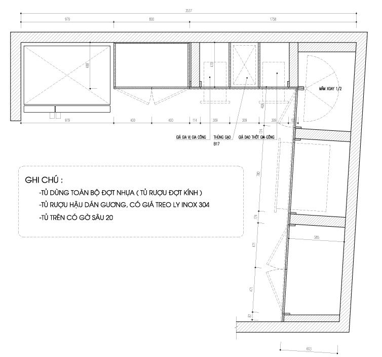 Thiết kế tủ bếp chữ L nhà chị Huê
