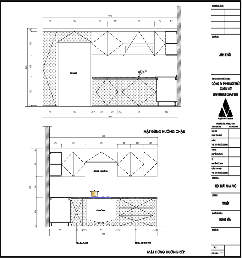 Thiết kế tủ bếp đẹp chữ L cho khung bê tông anh Khởi