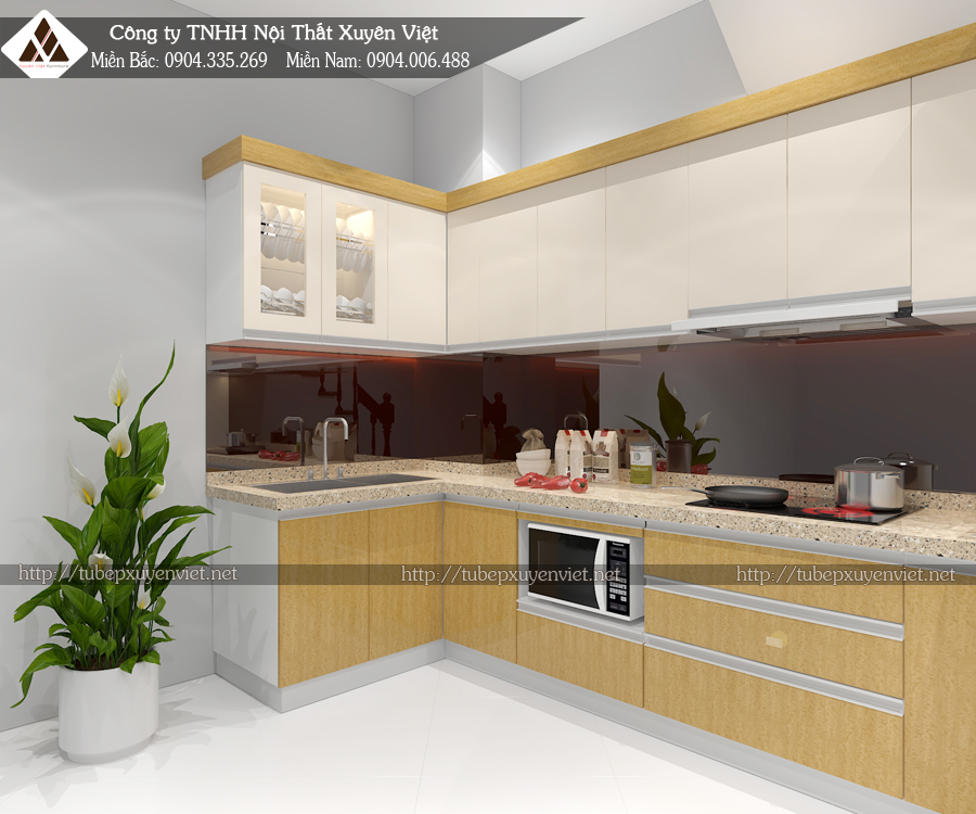 Tủ bếp bằng nhựa màu vân gỗ nhà chị Giang