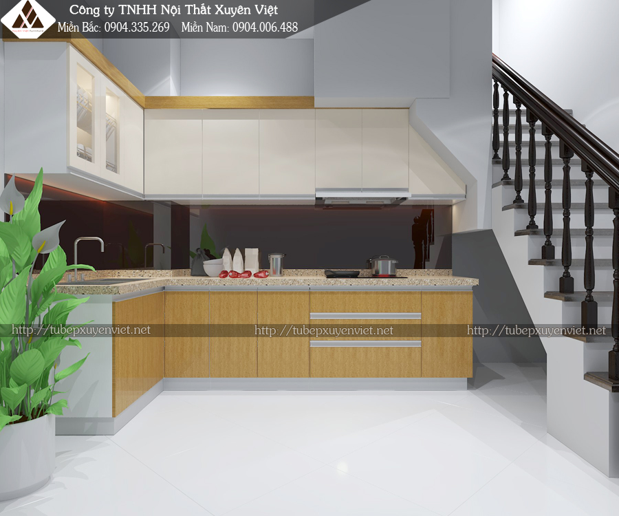 Tủ bếp bằng nhựa màu laminate nhà chị Giang - Hà Trung, Hà Nội