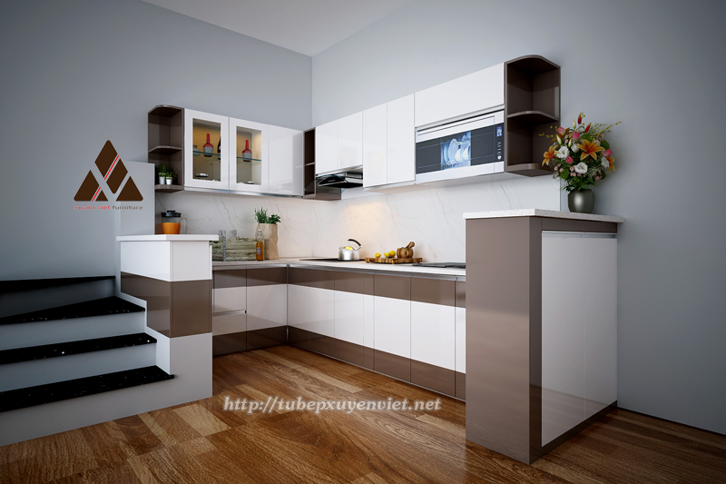 Tủ bếp đẹp chữ g bằng nhựa pvc nhà anh Bảo - Vạn Phúc