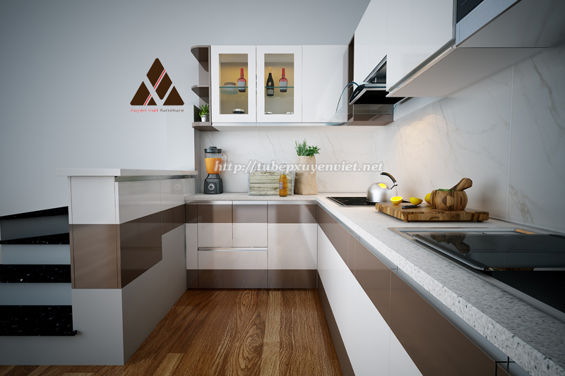 Tủ bếp đẹp chữ g bằng nhựa pvc nhà anh Bảo - Vạn Phúc