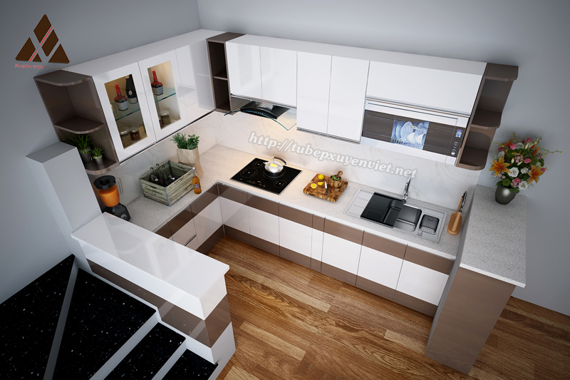 Tủ bếp đẹp chữ g bằng nhựa pvc nhà anh Bảo - Vạn Phúc