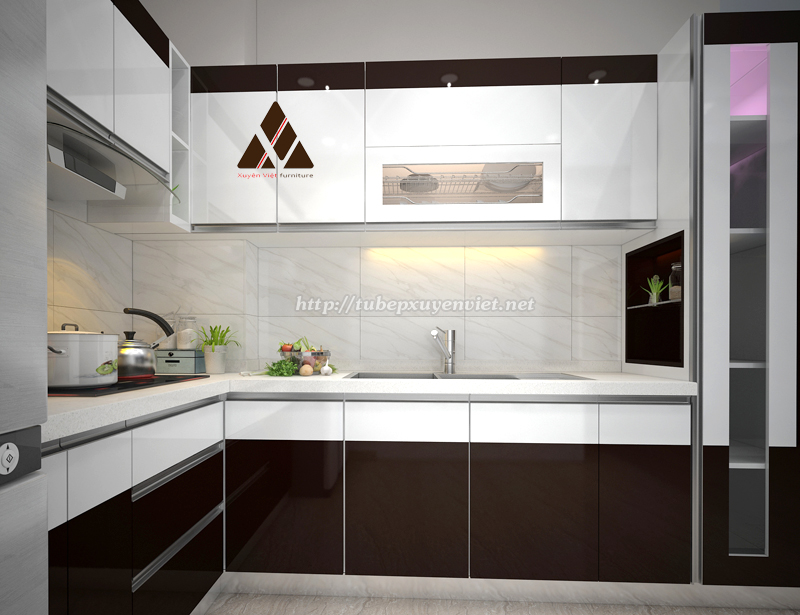 Tủ bếp đẹp bằng nhựa chữ L nhà anh Khơi - gia Lâm, Hà Nội