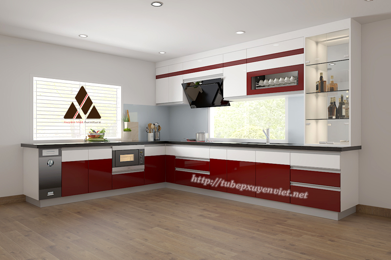 Tủ bếp đẹp chữ L có tủ rượu nhà anh Toàn -Hải Dương