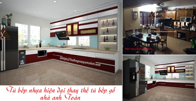 Mẫu tủ bếp đẹp chữ L có tủ rượu nhà anh Toàn