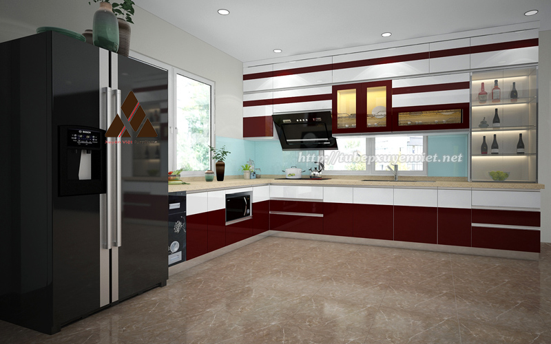 Mẫu tủ bếp đẹp chữ L có tủ rượu nhà anh Toàn