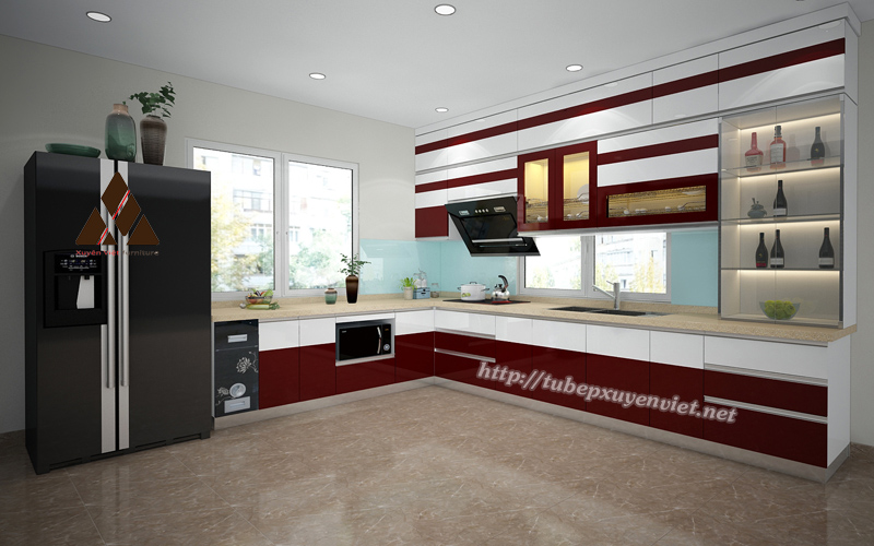 Mẫu tủ bếp đẹp chữ L có tủ rượu nhà anh Toàn