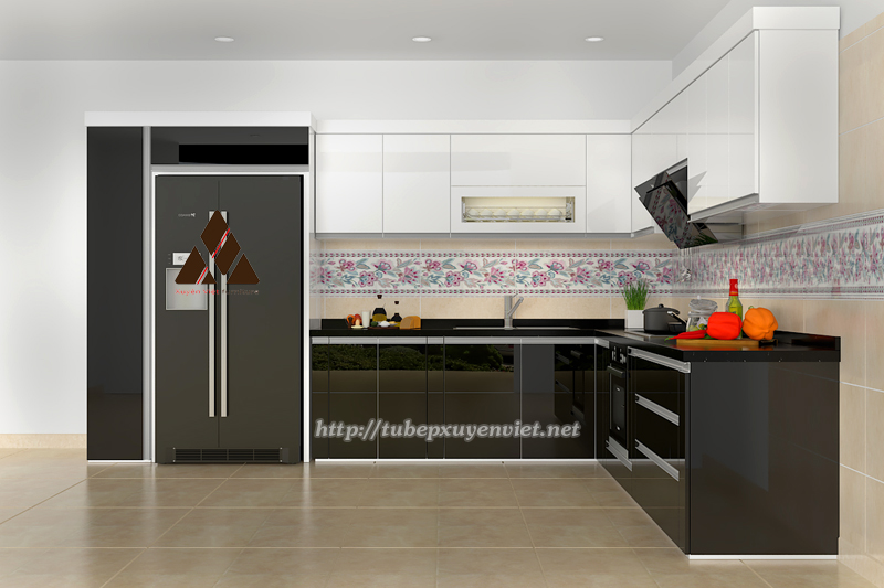 Mẫu tủ bếp đẹp chữ l có khung bê tông nhà anh Khởi - Hưng Yên