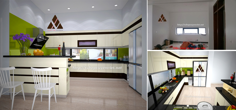 Tủ bếp đẹp có bàn bar nhà anh Tùng - Khoái Châu, Hưng Yên
