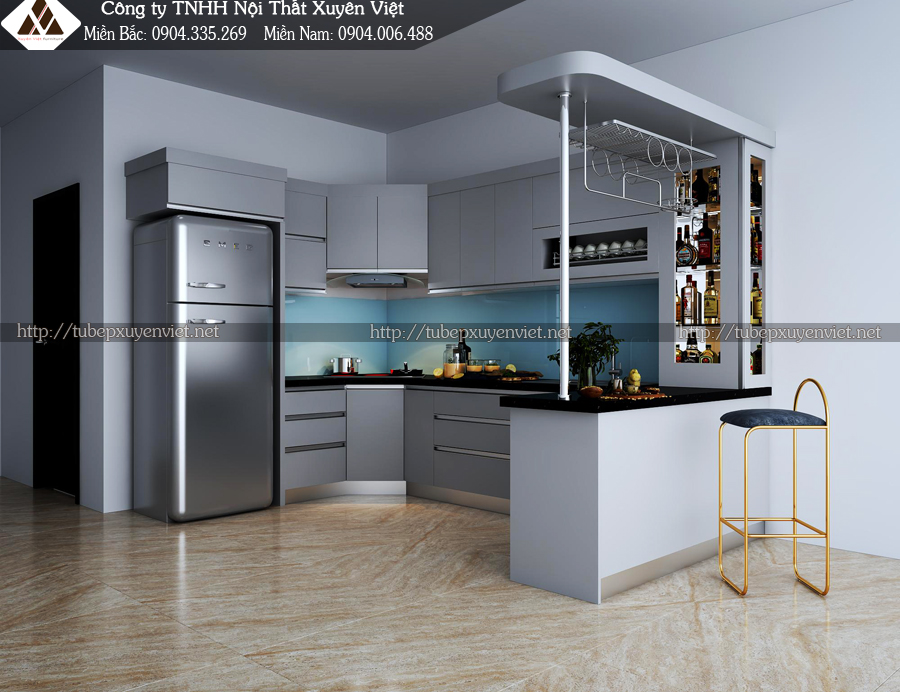 Tủ bếp có quầy bar nhà anh Hùng - Đông Anh