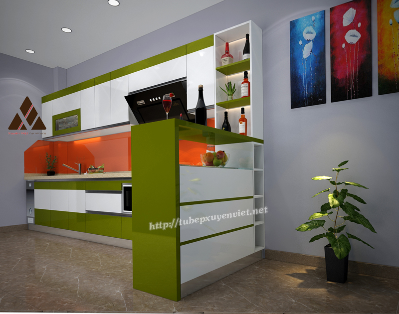 Mẫu tủ bếp đẹp chữ L có quầy bar nhà anh Huy - Lan Bá, Hà Nội