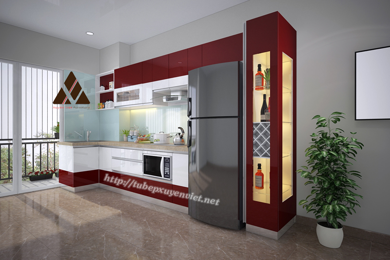 Mẫu tủ bếp đẹp có tủ rượu nhà chị Nguyệt - An Khánh, Hà Nội