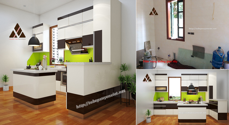 Mẫu tủ bếp đẹp hiện đại có bàn đảo nhà chị Hải - KĐT Việt Hưng, Hà Nội