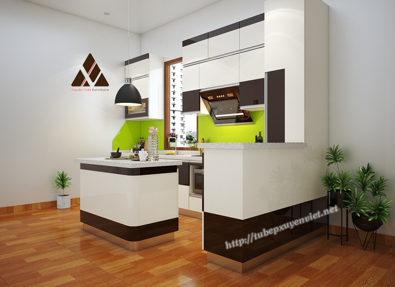 Mẫu tủ bếp đẹp hiện đại có bàn đảo nhà chị Hải - KĐT Việt Hưng, Hà Nội