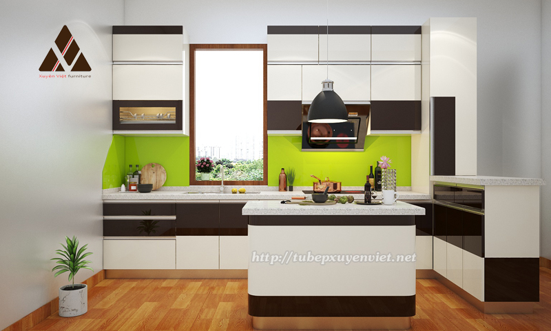 Mẫu tủ bếp đẹp hiện đại có bàn đảo nhà chị Hải - KĐT Việt Hưng, Hà Nội