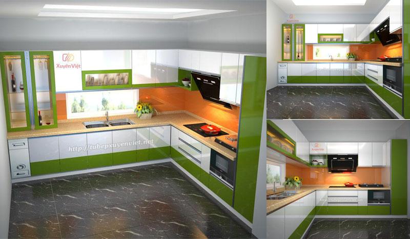 Tủ bếp đẹp chữ L có tủ rượu và tủ cột nhà anh Dũng - Hải Phòng