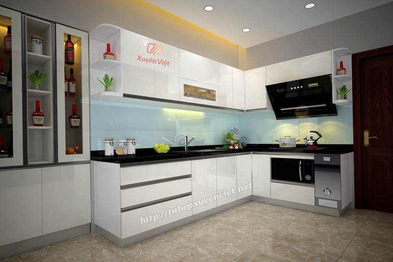 Tủ bếp đẹp có tủ rượu âm tường nhà anh Thắng - Quảng Yên