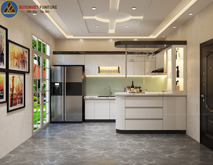 Tủ bếp kết hợp quầy bar hiện đại nhà anh Huy – Đồng Nai