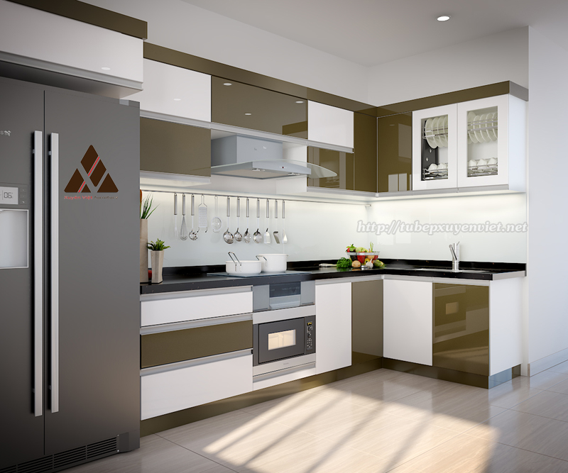 Tủ bếp nhựa acrylic chữ L nhà anh Phong - Quảng Ninh
