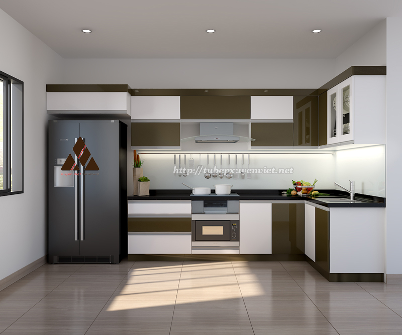 Tủ bếp nhựa acrylic chữ L nhà anh Phong - Quảng Ninh