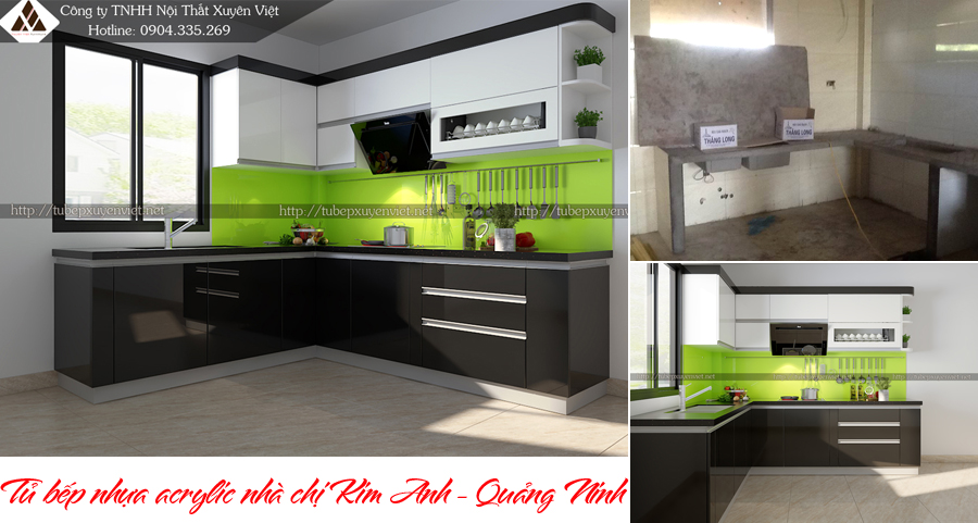 Tủ bếp nhựa acrylic cho khung gạch nhà chị Kim Anh - Cẩm Phả, Quảng Ninh