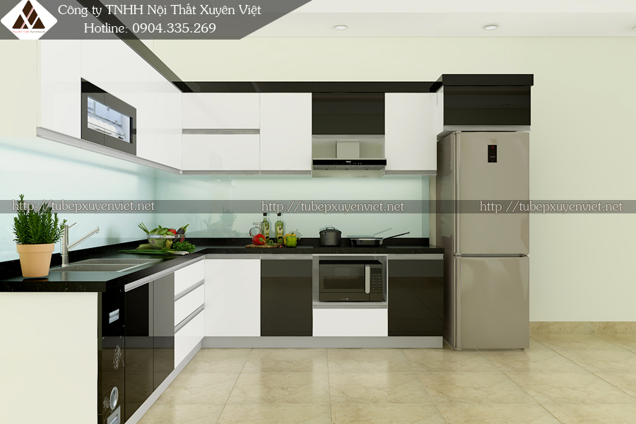 Tủ bếp nhựa acrylic chữ L nhà chú Khoát - Quảng Ninh