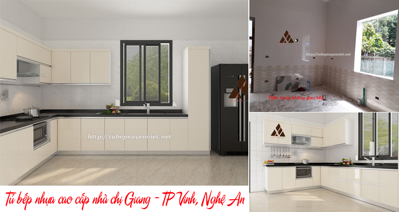 Mẫu tủ bếp nhựa cao cấp chữ L nhà chị Giang - TP Vinh