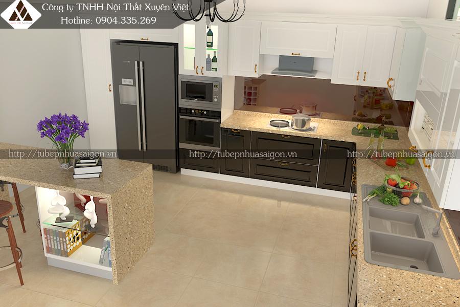 Tủ bếp nhựa giả gỗ nhà anh Hải - Vimhome Hải Phòng góc tủ cột