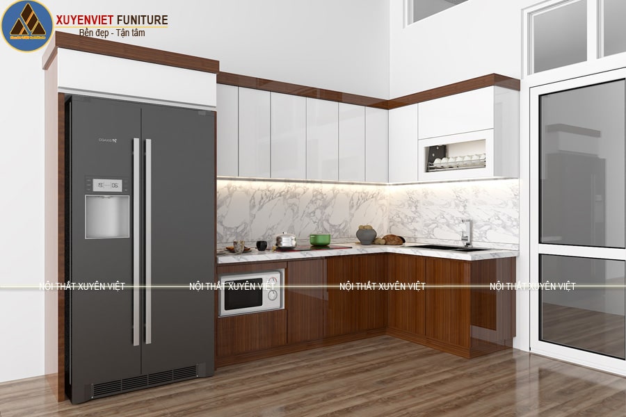 Tủ bếp đẹp chữ L có khung bê tông nhà anh Tú - Hải Phòng