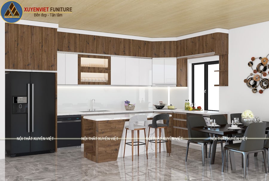 Tủ bếp nhựa vân gỗ cao kịch trần nhà chị Huyền - Đông anh, Hà Nội