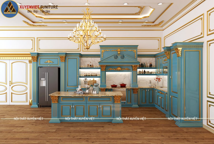 Tủ bếp tân cổ điển dát vàng