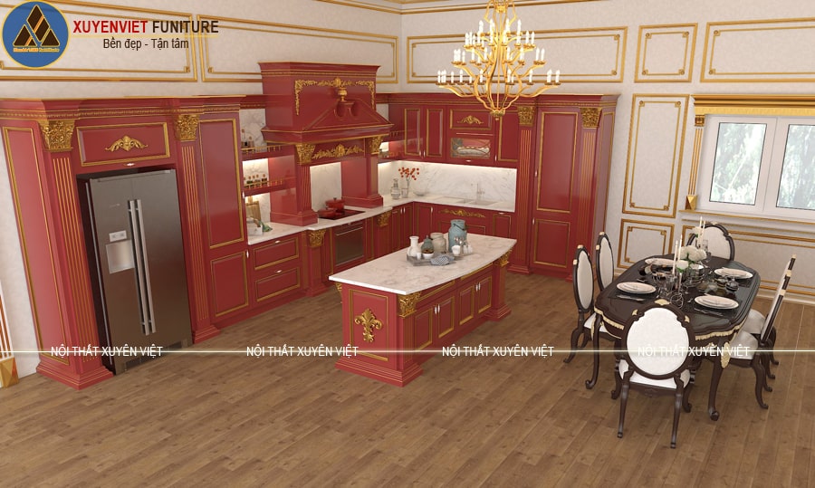Tủ bếp tân cổ điển dát vàng cho nhà biệt thự