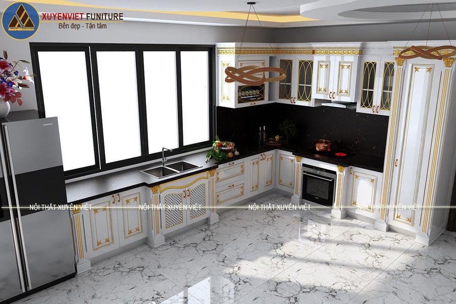 Tủ bếp dát vàng thường đẳng cho nhà biệt thự Vinhomes