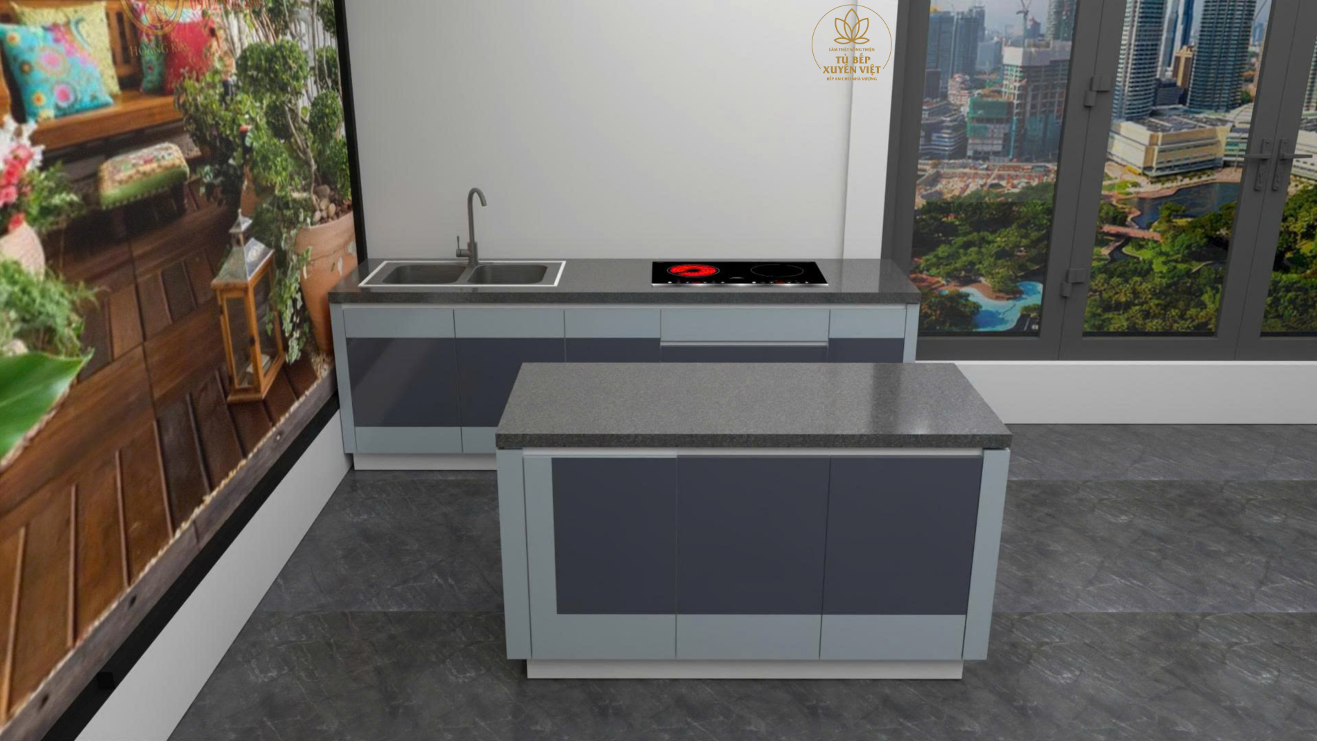 Thiết kế 3D tủ bếp nhựa chữ I - ISX2400